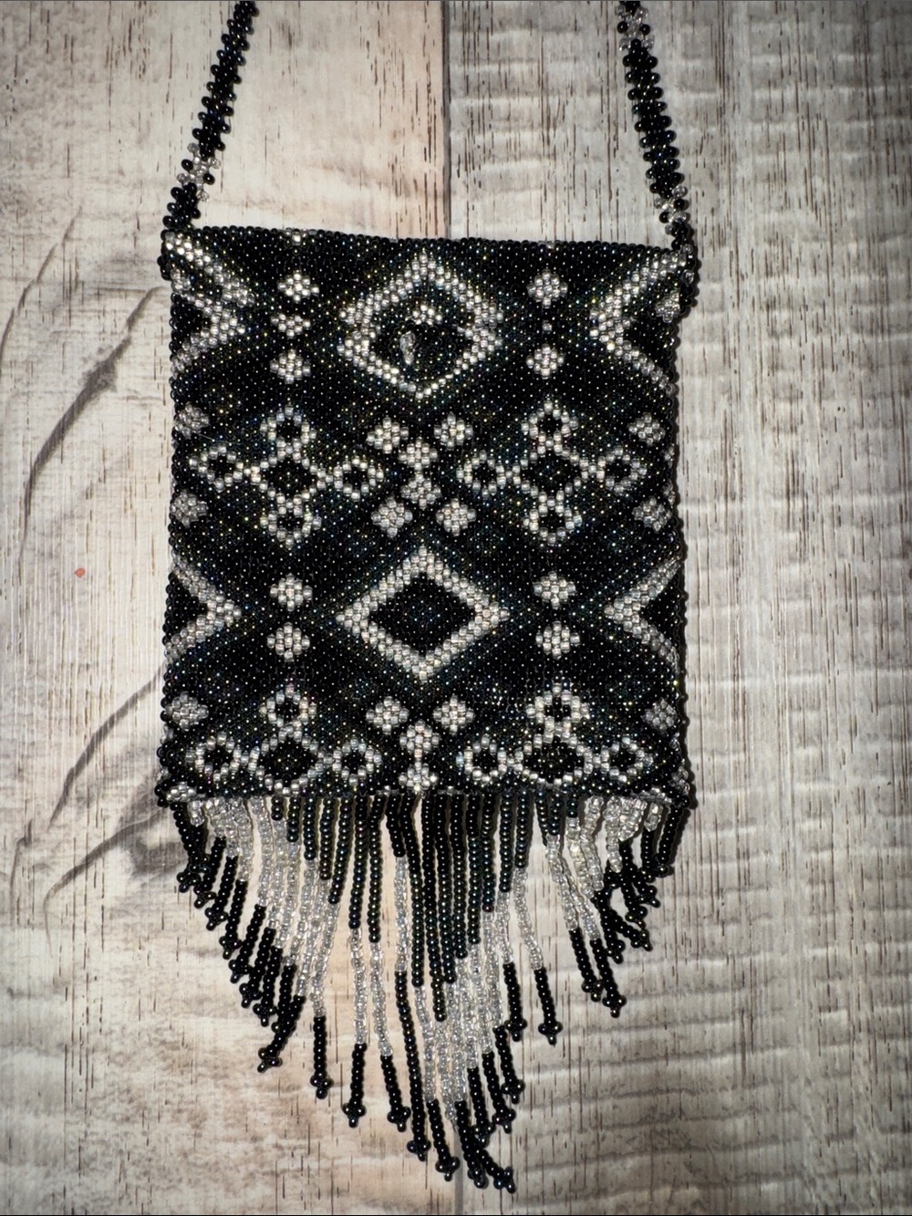 STUNNING  handmade seed bead Crossbody medicine bag, Boho fringe mini purse